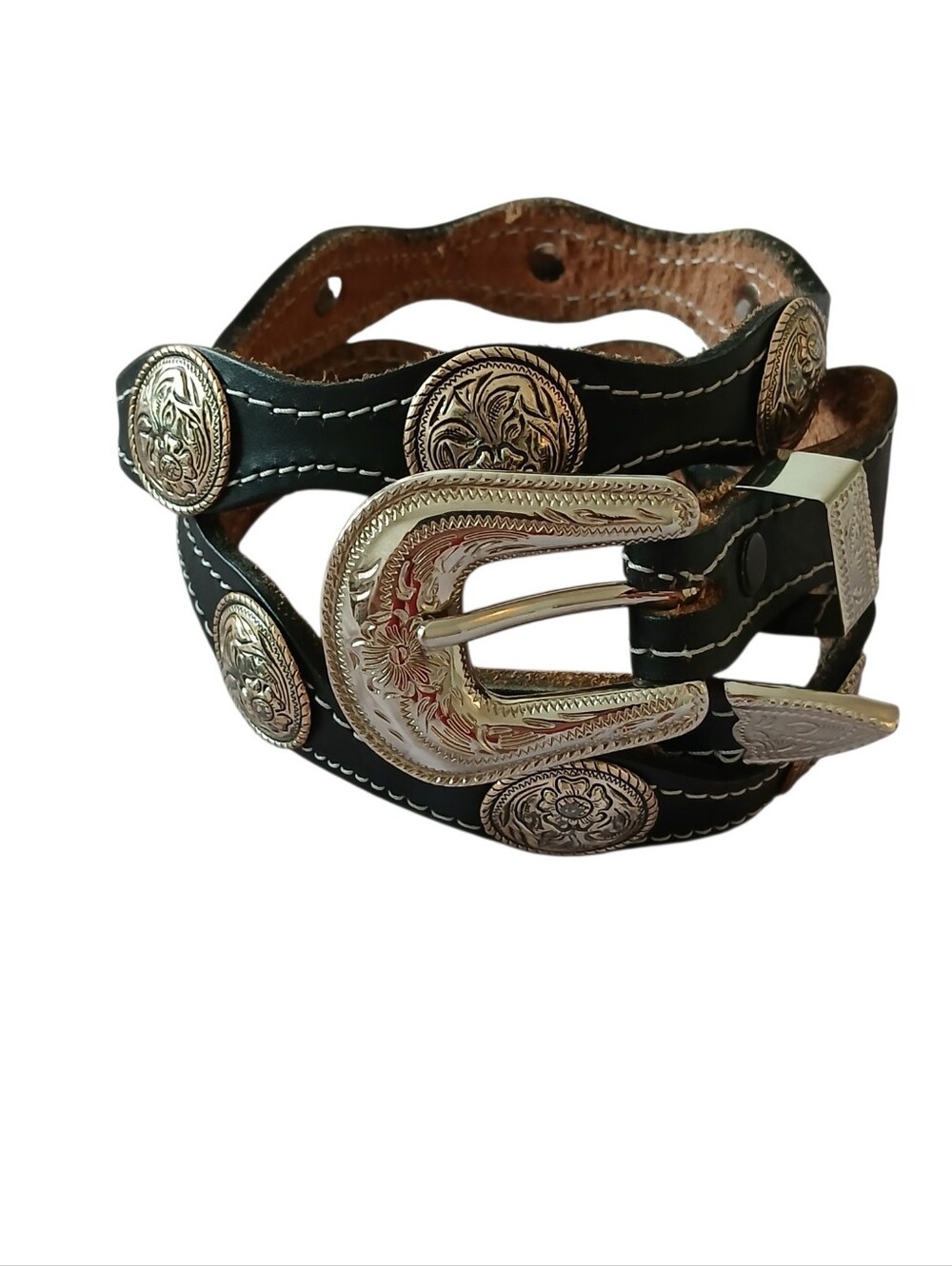 Vintage Leather Concho Western Belt Women's 36 Black Silver Floral Southwestern